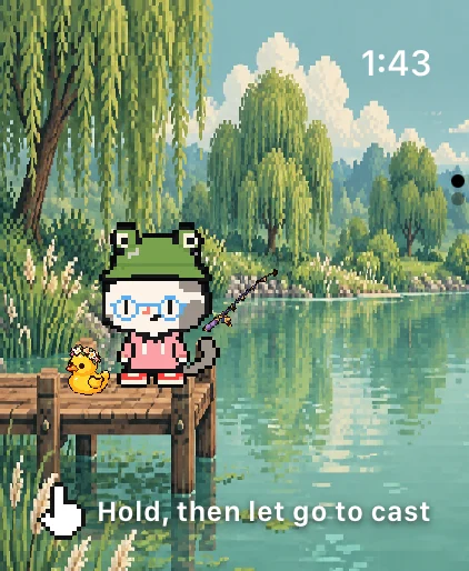 Watch screen: the cat about to cast from a pond dock