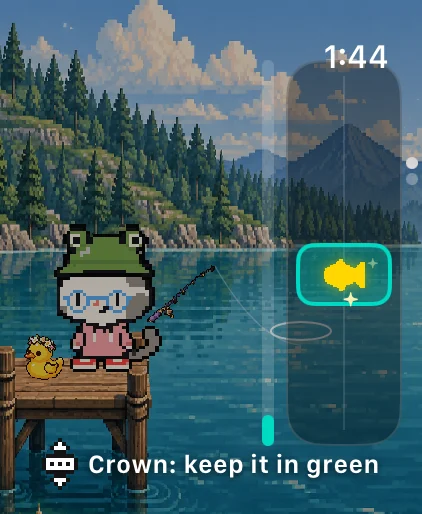 Watch screen: lining up the green box with the fish using the Crown